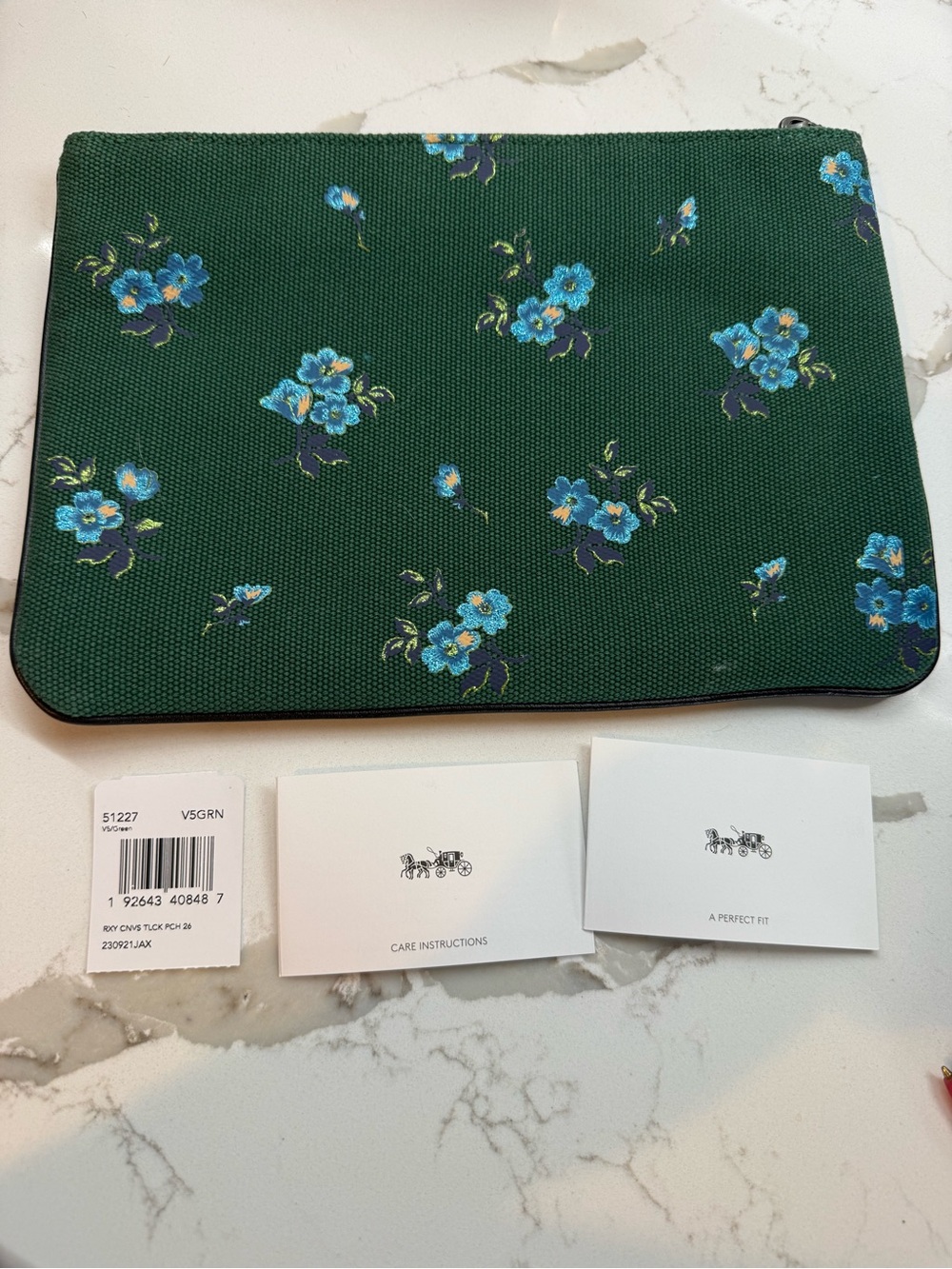 Coach Green Floral Leatherware Zip Pouch with Blue Accents - Picture 3 of 4